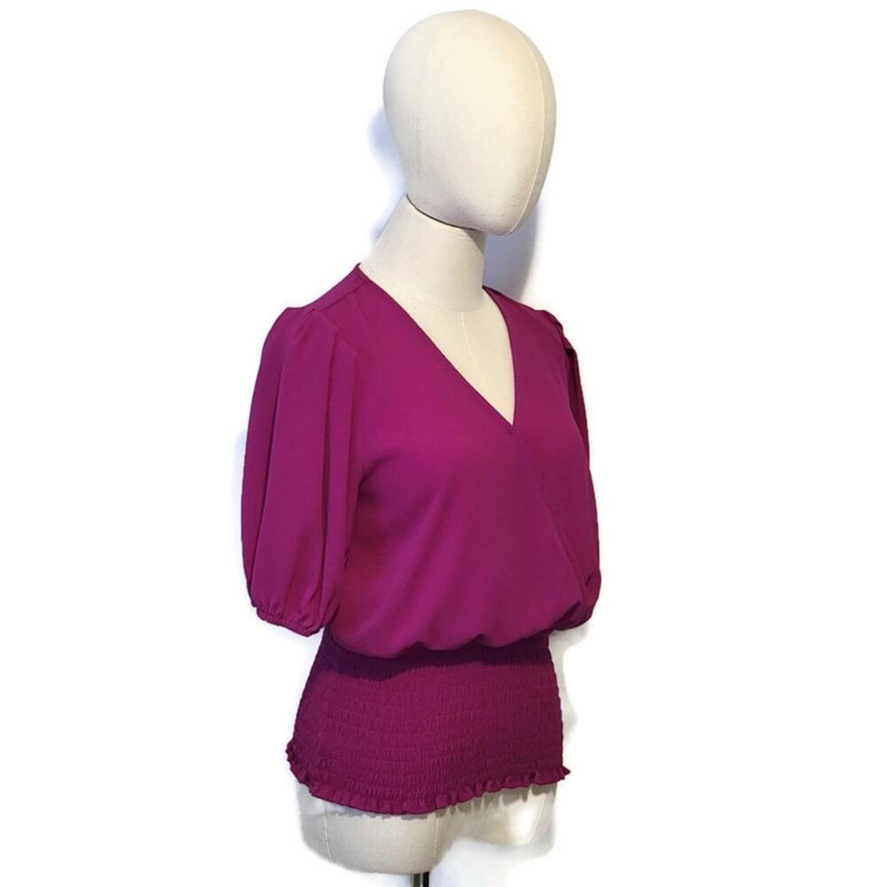 1.STATE Faux Wrap Blouse Smocked Waist Puff Sleeve Pink Women's Small NWT - Picture 4 of 11